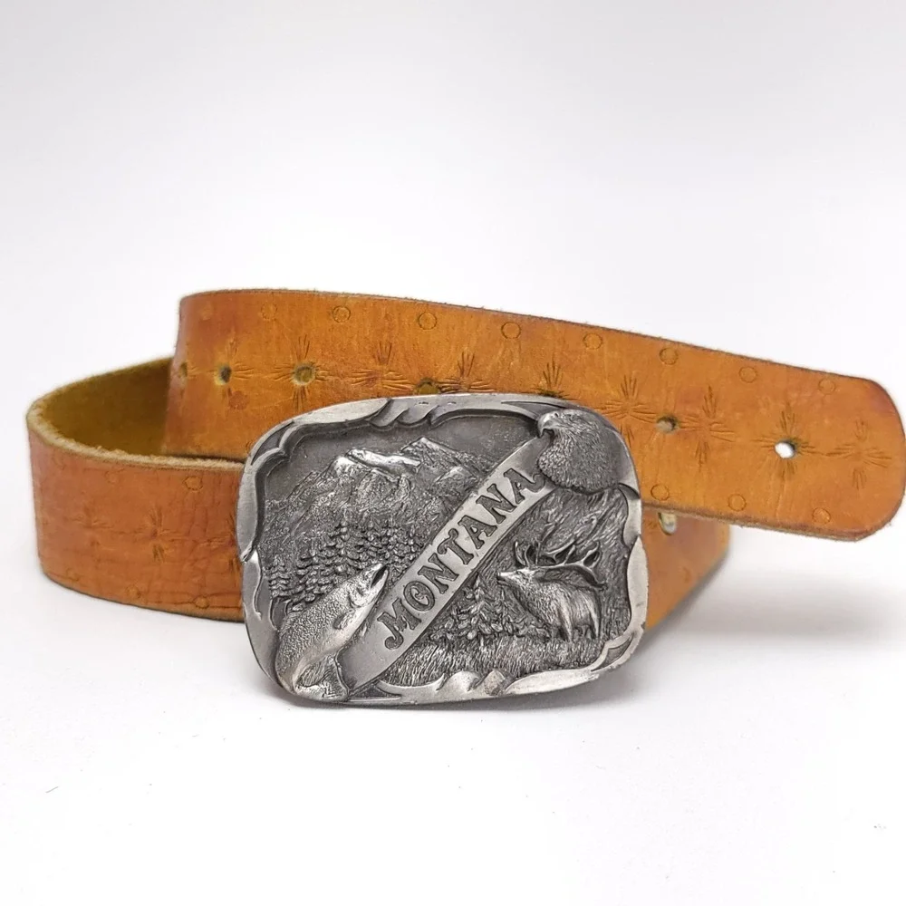 Montana Belt‎ Buckle Elk Fishing Hunting Eagle Leather Tooled Size 29-37 USA